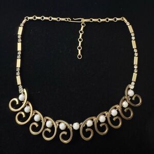 Vintage Gold-Tone Scroll Necklace with Rhinestones and Milk Glass